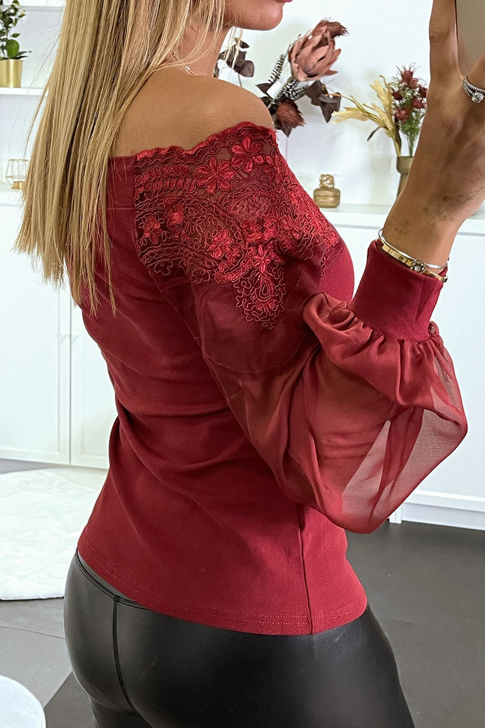 Off Shoulder Lace Detail Puff Sleeve Blouse