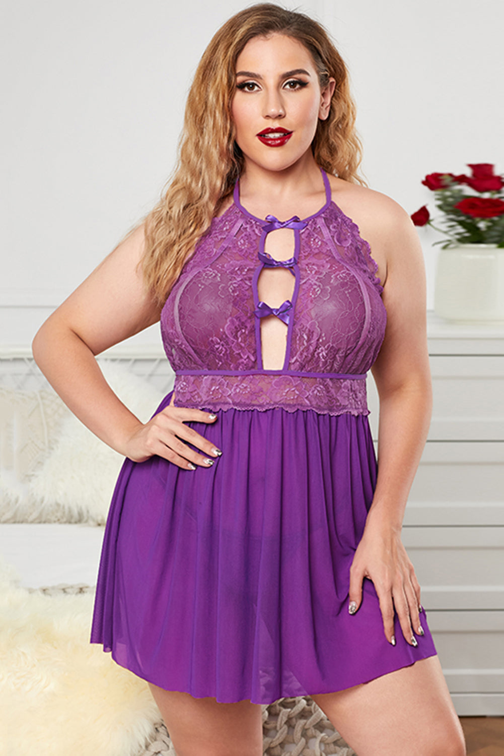 Halter Neck Lace Mesh Backless Plus Size Babydoll