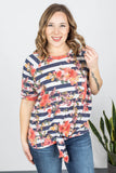 Crew Neck Black And White Stripped Plus Size Floral T Shirt