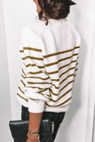 Women's Round Neck Puff Sleeve Buttoned Striped Henley Sweater