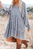 Women Long Sleeve Floral Print Mini Dress Drawstring Babydoll Dress