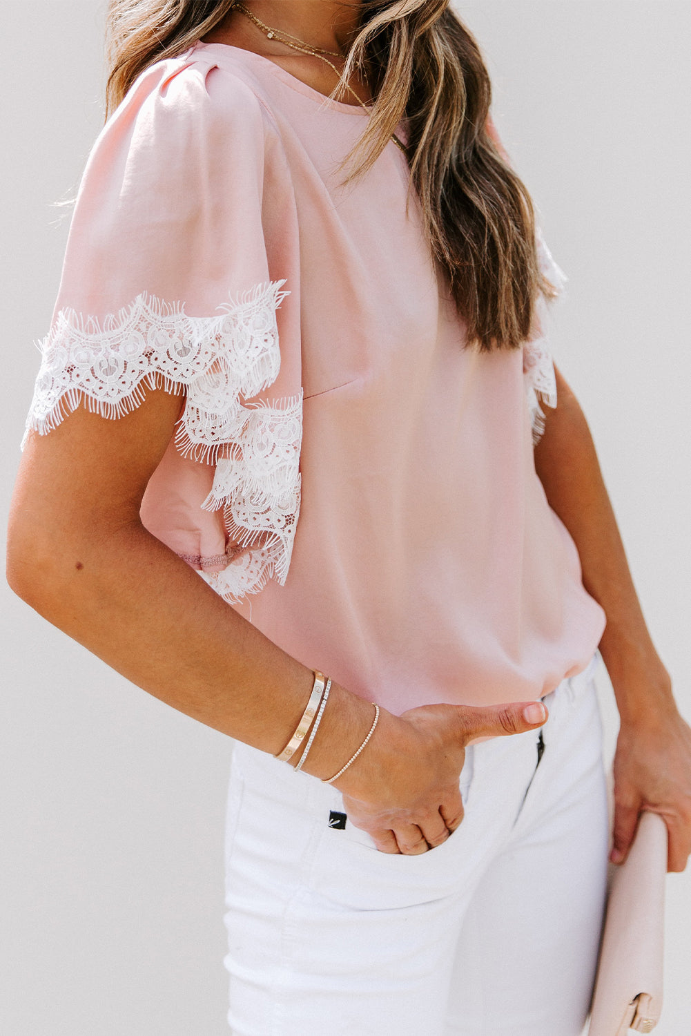 Satin Lace Flutter Sleeve Top