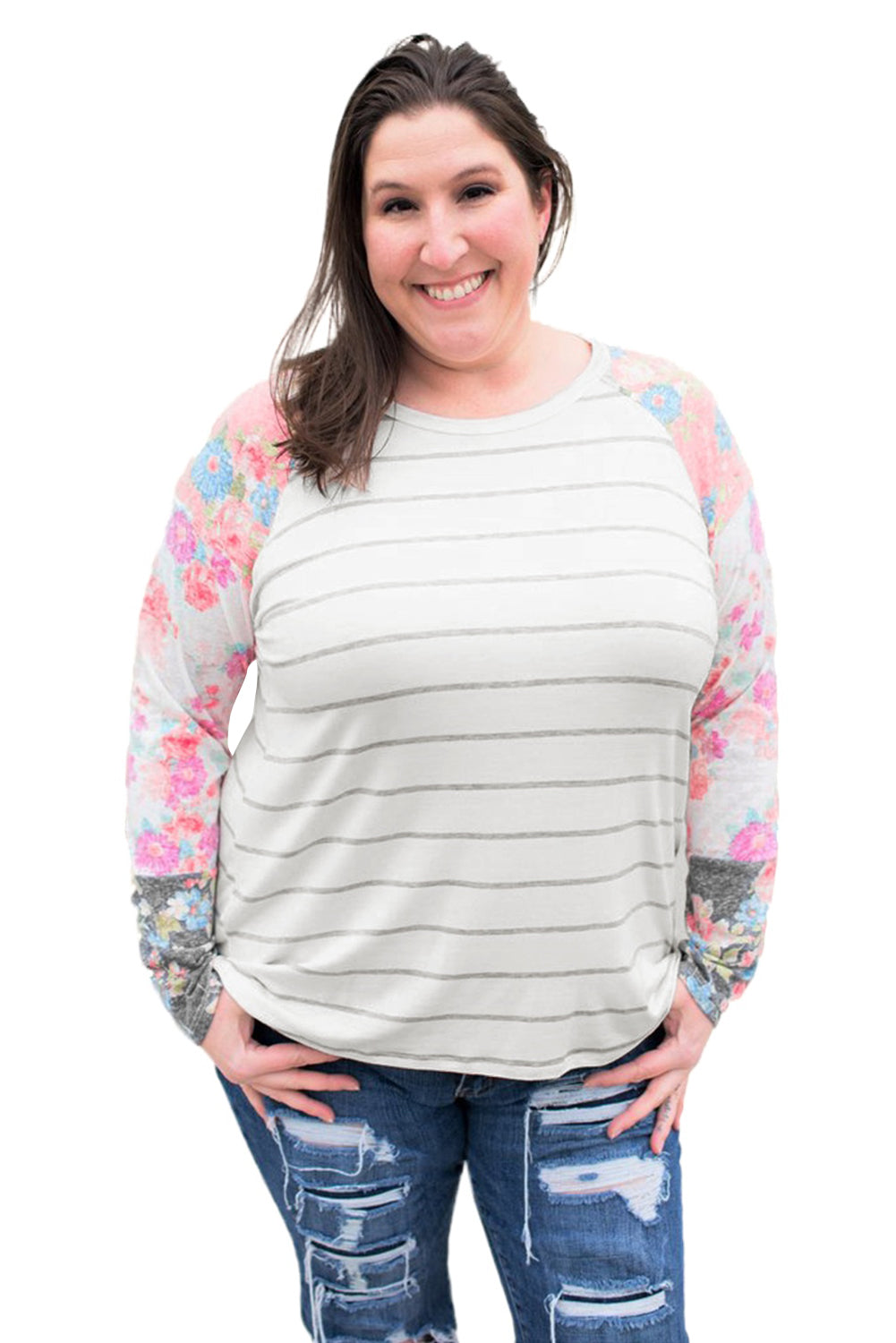 Floral And Striped Plus Size Long Sleeve T Shirt