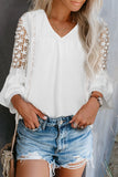 White Lace Hollow-out Flare Sleeve V Neck Blouse