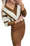 Khaki Colorblock Hollow Out Sweater Dress
