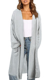 Women Gray Open Front Long Hooded Cardigan with Pockets