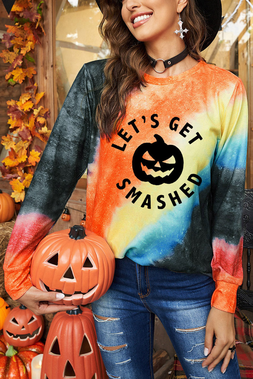 LET’S GET SMASHED Halloween Pumpkin Face Graphic Tie-dye Sweatshirt