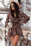 Leopard Print Long Sleeve Mini Dress Wrapped V Neck High Low Dress