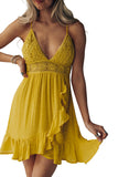 Yellow Lace Splicing Criss Cross Lace-up V Neck Cami Dress