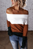 Women Brown Colorblock Off Shoulder Sweater