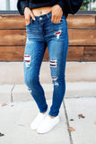 Dark Wash Mid Rise Distressed Plaid Patch Skinny Jeans