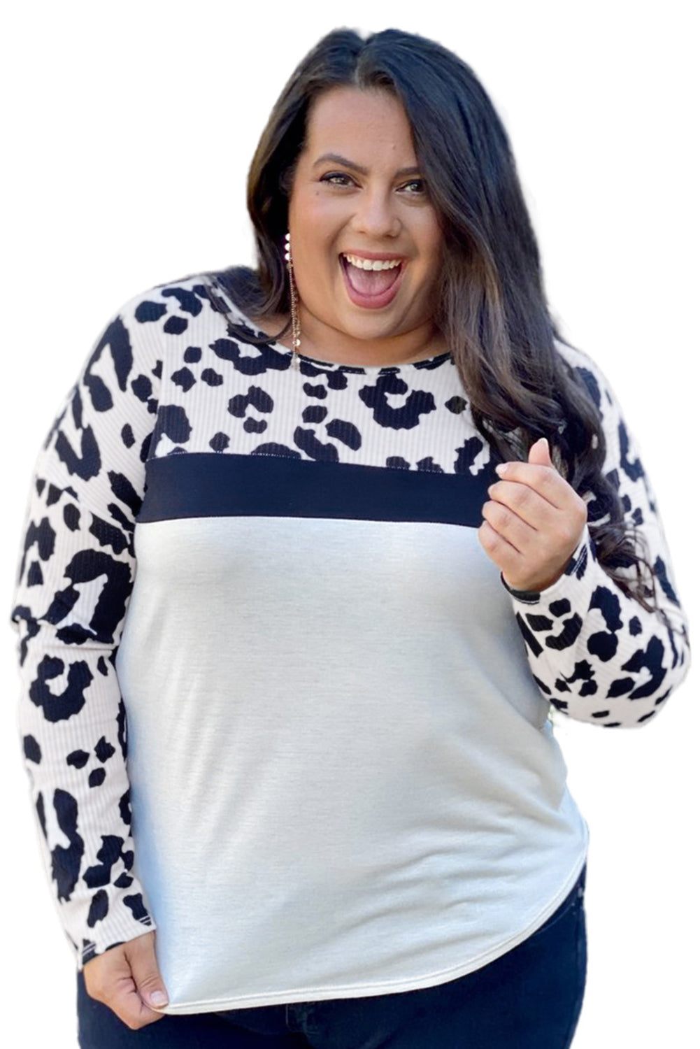 Leopard Colorblock Long Sleeve Top For Fuller Women