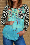Leopard Long Sleeve Shirts Splicing Blue Tie Dye Tops for Women