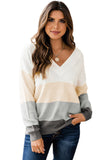 Women's White Colorblock V Neck Thin Pullover Sweater