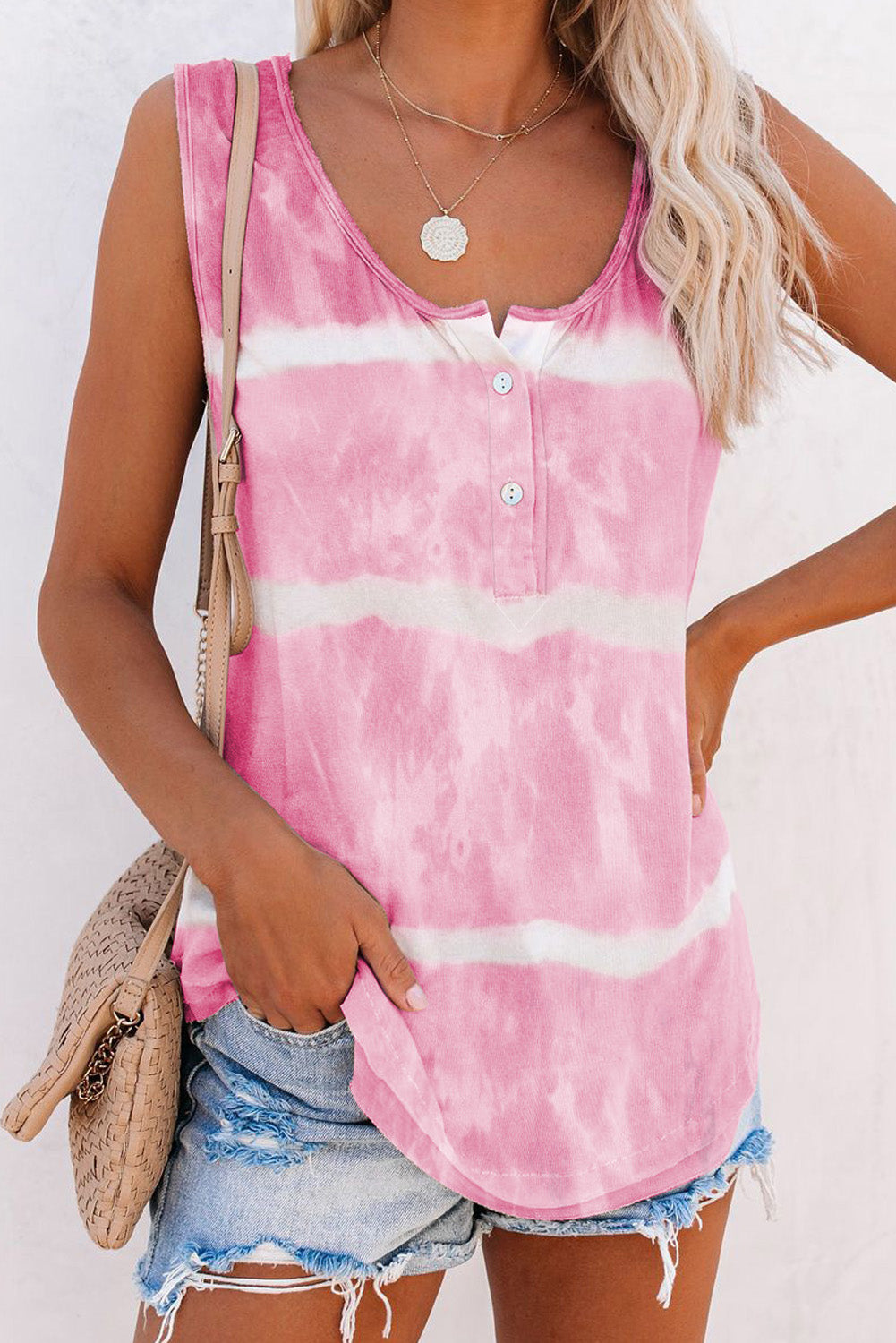 Scoop Neck Button Front Blue And White Tie Dye Tank Top