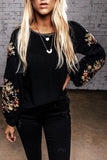 Long Sleeve Crew Neck Floral Embroidered Tops for Women