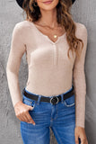 Women Solid Color Long Sleeve Shirt Slim Fit Henley Top