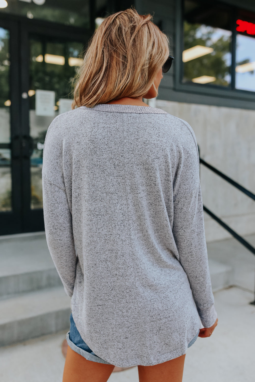 Women's Grey Long Sleeve Top with Curve Hem