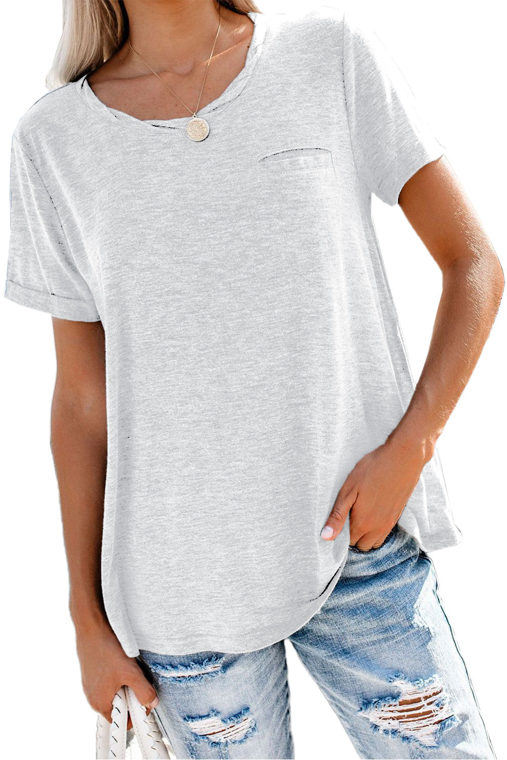 Solid Color Loose Rolled Short Sleeve T Shirt