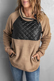 Khaki Quilted Color Block Fleece Sweatshirt with Pockets