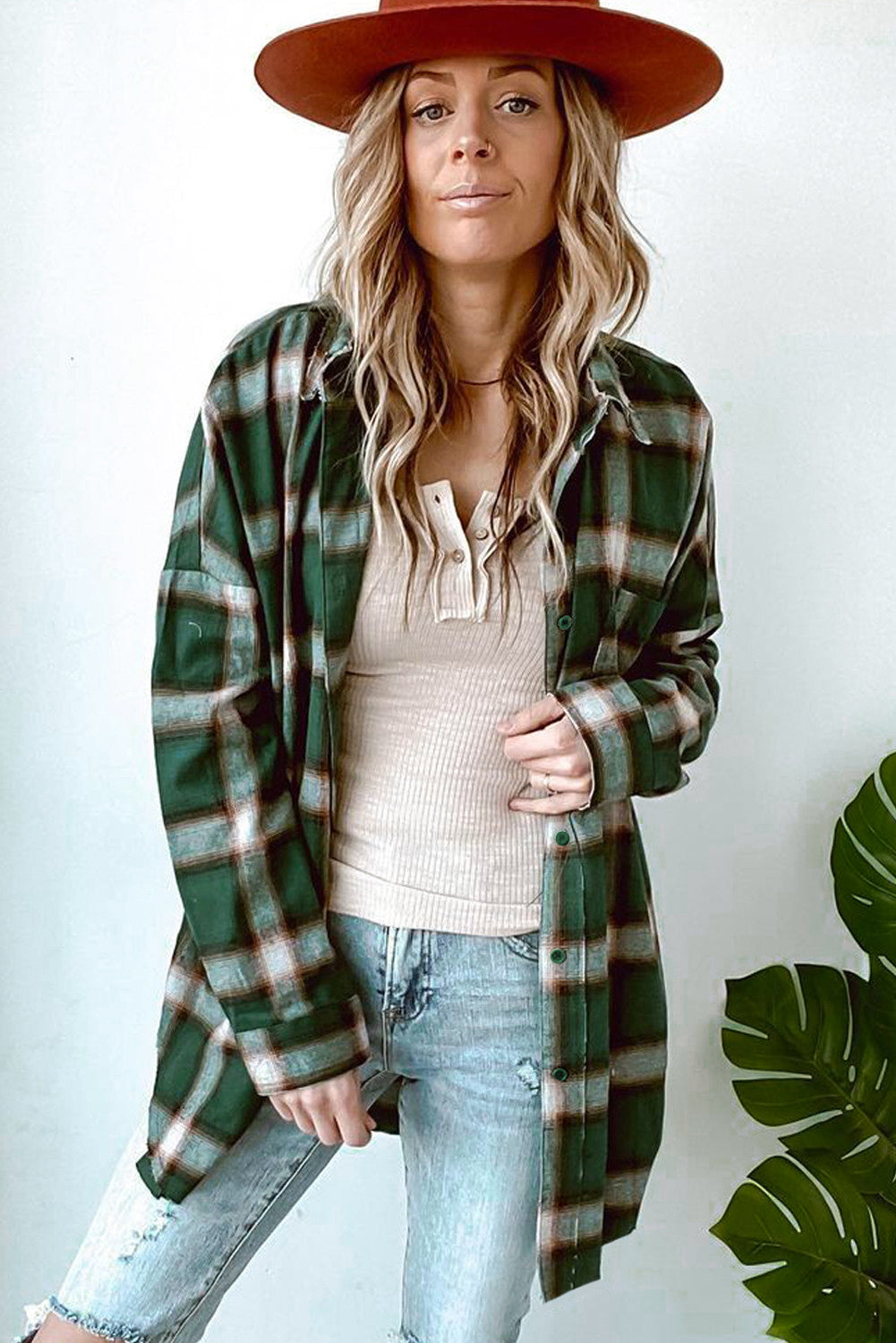 Ladies Oversized Check Shirt with Button Closure