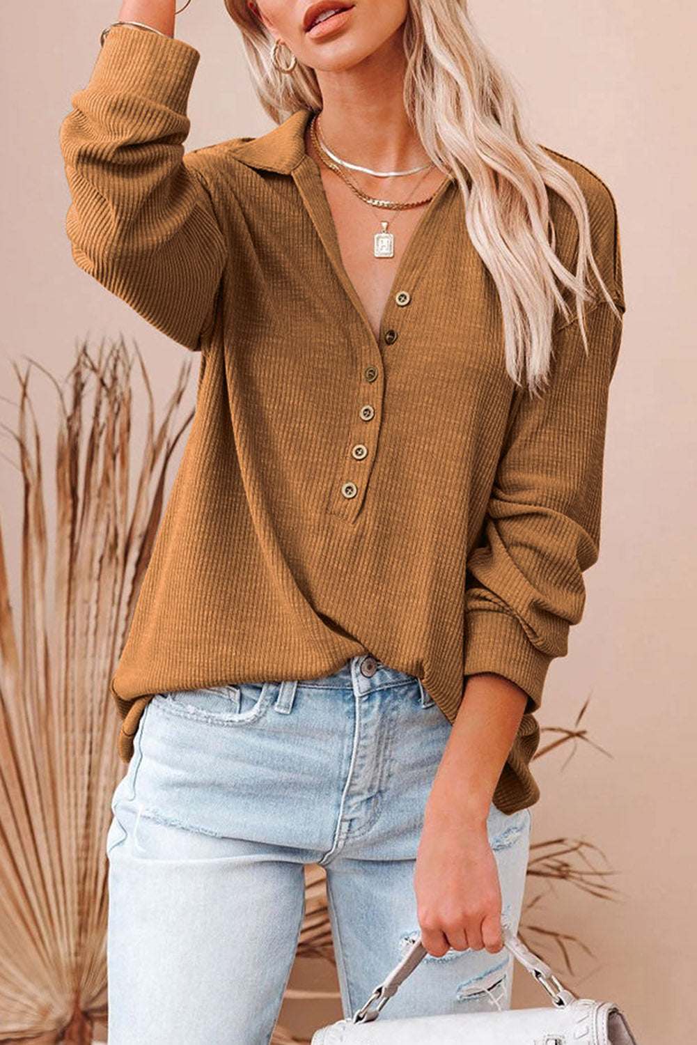 Button Front Turn-down Neck Knit Top