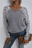 Women Leopard Stripe Long Sleeve Top V Neck Cut Out Shirt