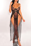 Sheer Lace Double Splits Maxi Gown with Thong Lingerie Set