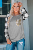 Plaid Splicing Sequined Pocket Long Sleeve Top
