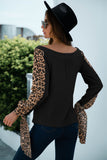 Women Contrast Leopard Sleeve Waffle Knit Top