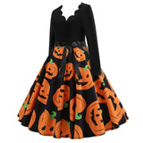 Women's Pumpkin Face Graphic Ruffle Long Sleeve Maxi Dress