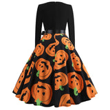 Women's Pumpkin Face Graphic Ruffle Long Sleeve Maxi Dress