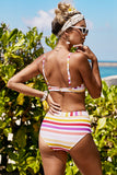 Multi Stripe Mesh Bikini With Pom Pom Trim