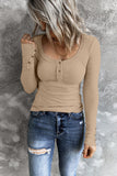 Women Long Sleeve U Neck Rib Knit Buttoned Slim Top