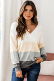 Women's White Colorblock V Neck Thin Pullover Sweater