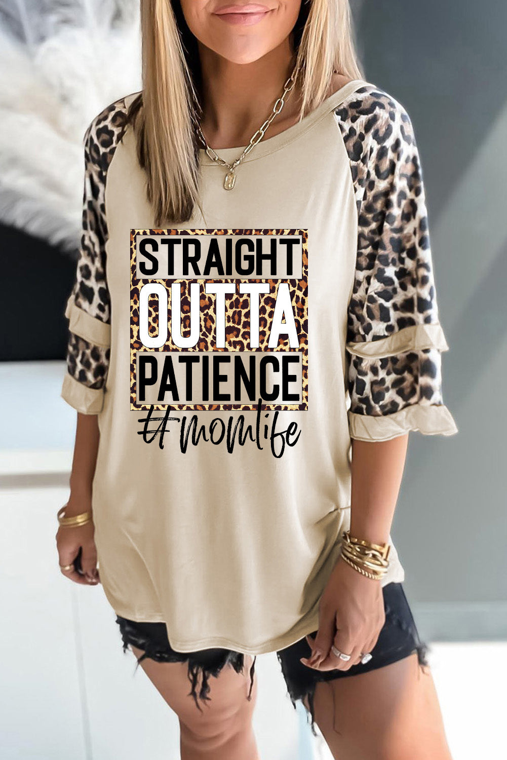 Ruffled Leopard Sleeve Patchwork Top