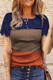 Buttons Lace Splicing Short Sleeve Color Block Top