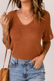 Brown Crochet V Neck Short Sleeve Top