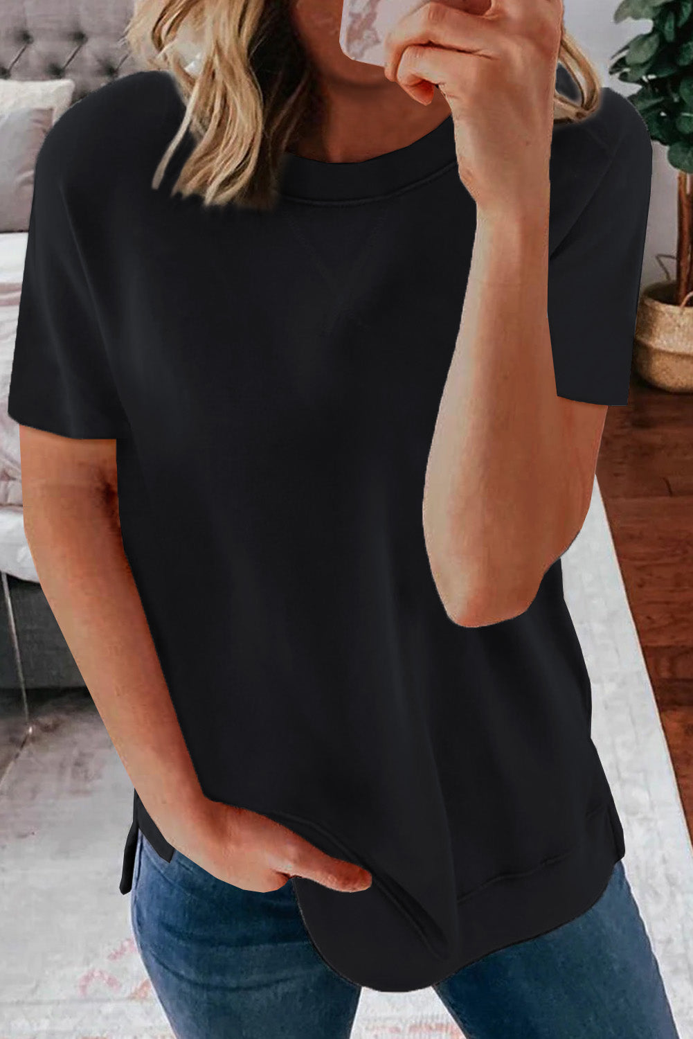 Round Neck Short Sleeve Solid Color Tee