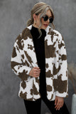 Cow Print Lapel Collar Open Front Buttoned Fleece Coat Women