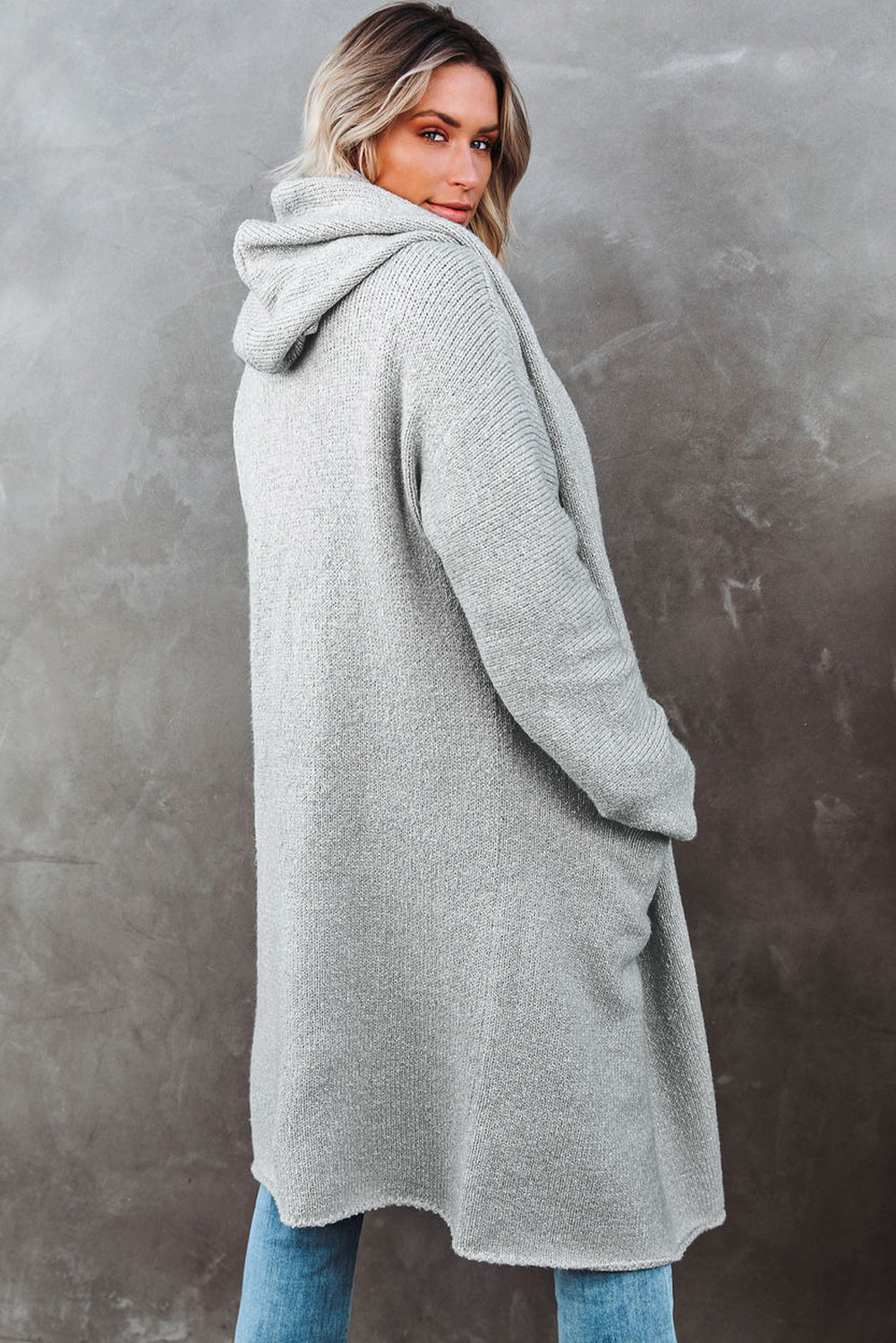 Women Gray Open Front Long Hooded Cardigan with Pockets