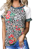 T-shirt da donna manica raglan con motivo floreale leopardato