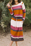 Multicolor Block Drawstring Waist Long Sleeve Midi Dress