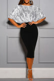 Contrast Color Sequin Batwing Top Bodycon Midi Dress