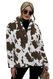 Cappotto da donna in pile con bottoni sul davanti e collo con risvolto con stampa di mucca
