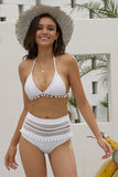 Womens Halter V Neck Pompom Hem Mesh High Waist Bikini Set