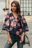 Red Floral Mesh Bell Sleeve Top