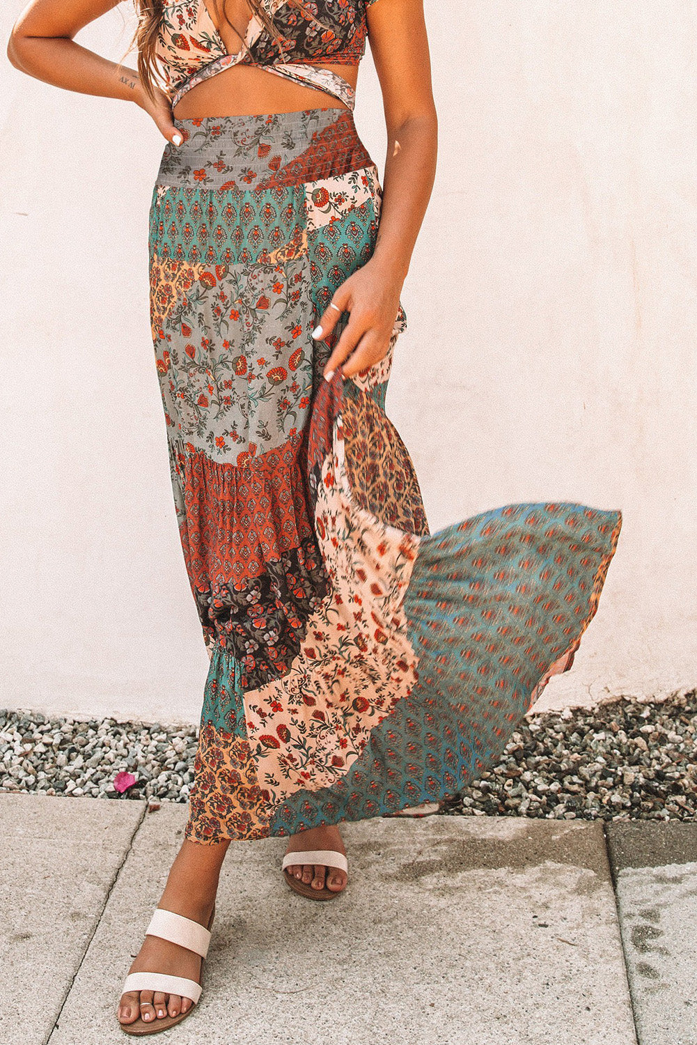 Multicolor Boho Print Tie-Up Waist Long Maxi Skirt