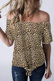 Women's Cheeta Print Off Shoulder Short Sleeve Blouse with Front Knot