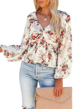 Loose Fit Balloon Sleeve Rose Print Blouse